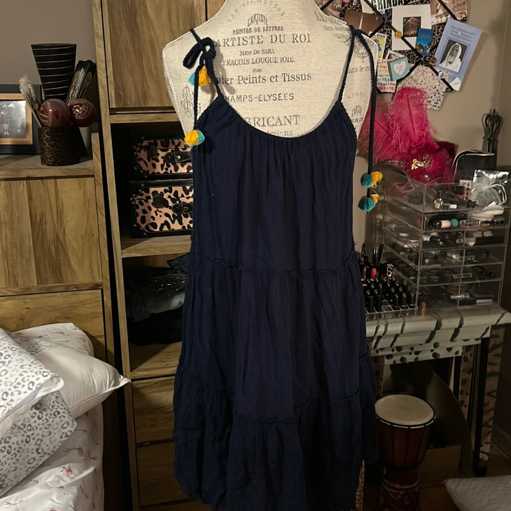 aerie Navy Blue Tiered Swim Coverup with Yellow & Teal Tassels